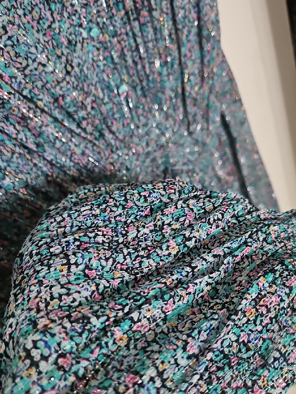 7 For All Mankind - Short Teal Floral Long Sleeve Midi Dress - Picture 5 of 8